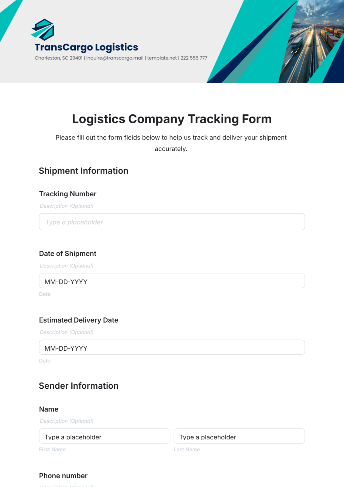 Logistics Company Tracking Form Template - Edit Online & Download