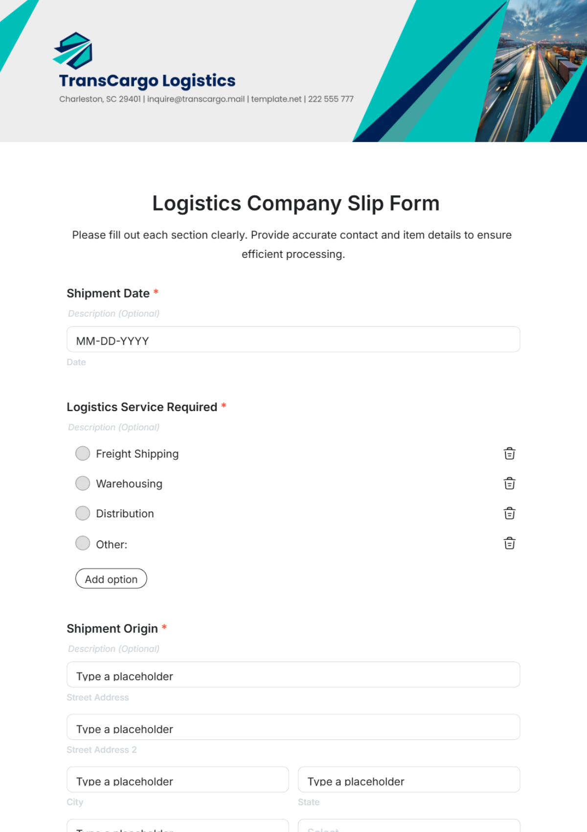 Logistics Company Slip Form Template - Edit Online & Download