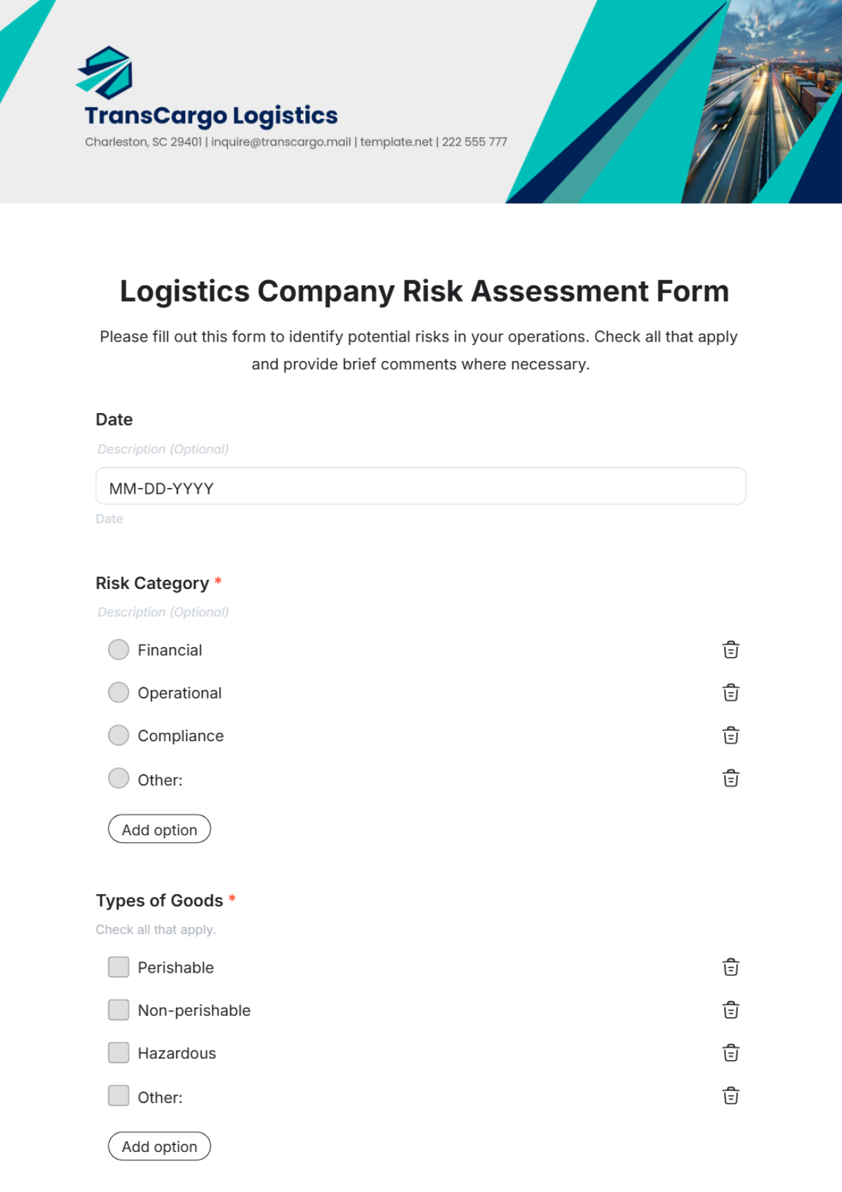 Logistics Company Risk Assessment Form Template - Edit Online & Download