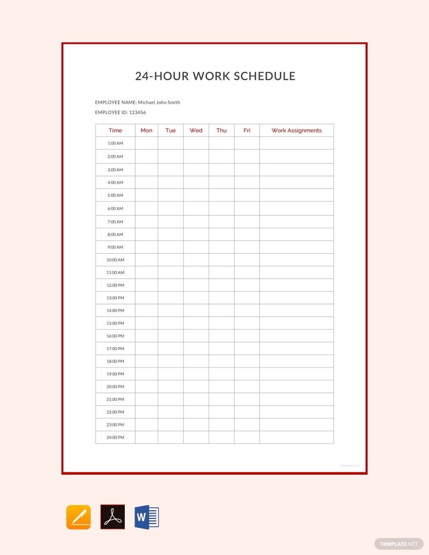 24 Hour Work Schedule Template Google Docs Word Apple Pages PDF Template