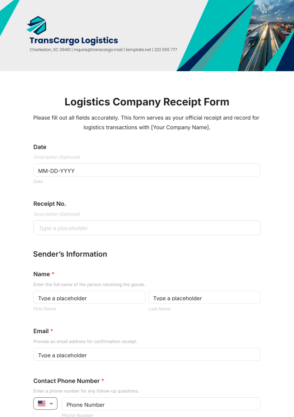 Logistics Company Receipt Form Template - Edit Online & Download