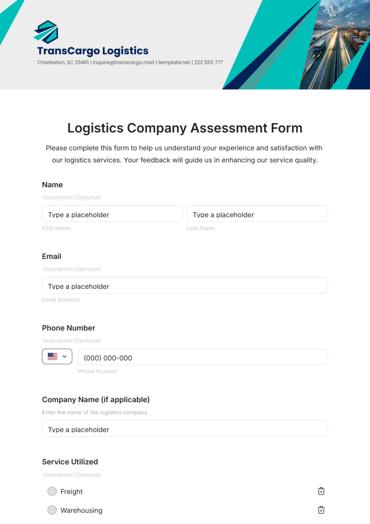 Logistics Company Assessment Form Template - Edit Online & Download