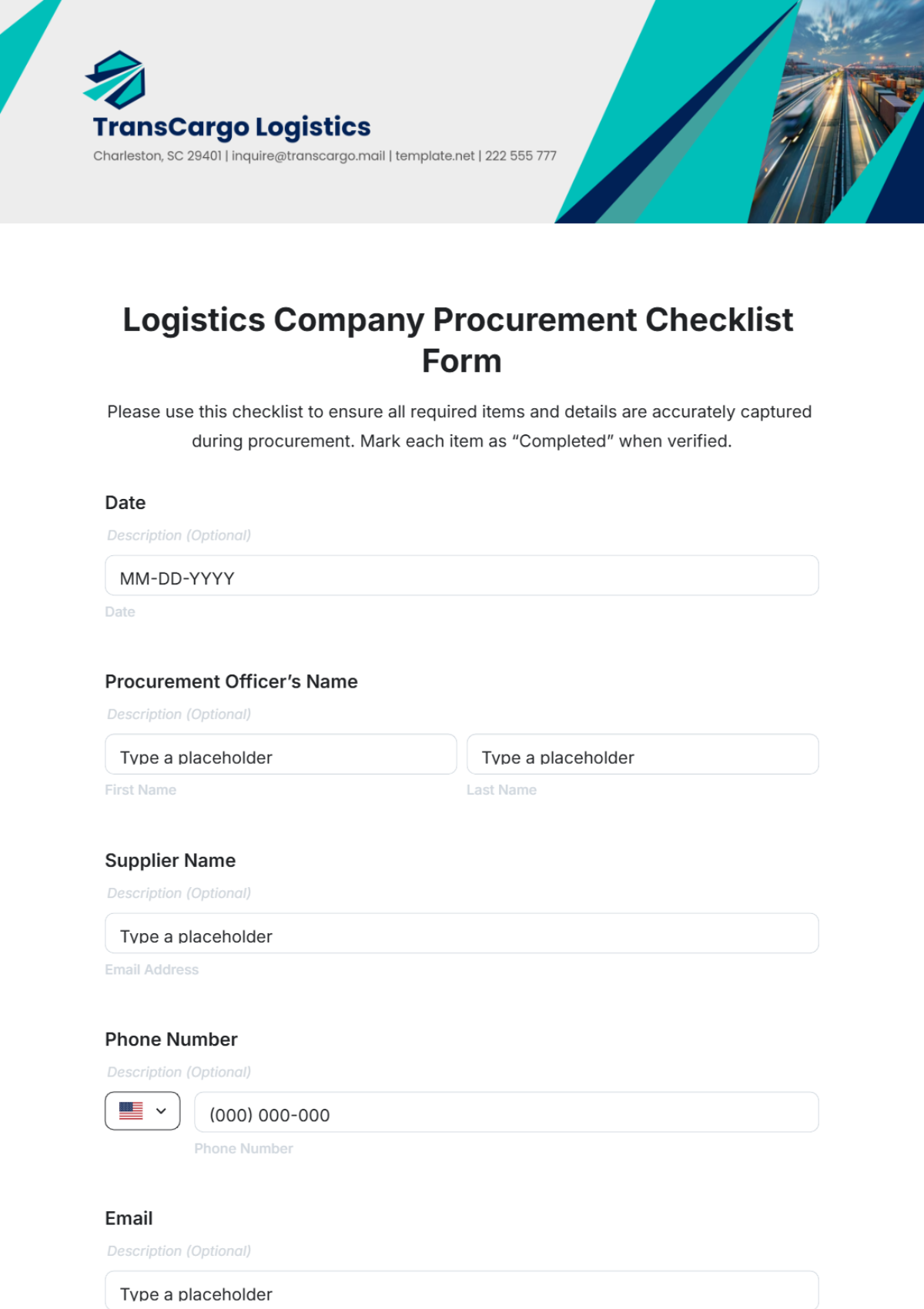 Logistics Company Procurement Checklist Form Template - Edit Online & Download