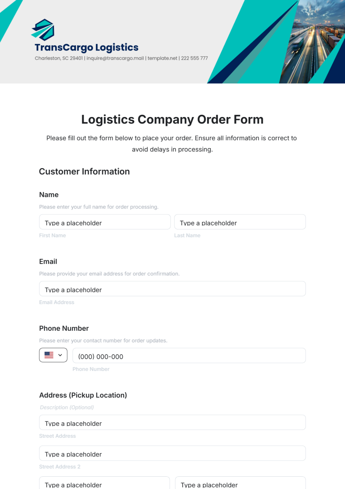 Logistics Company Order Form Template - Edit Online & Download