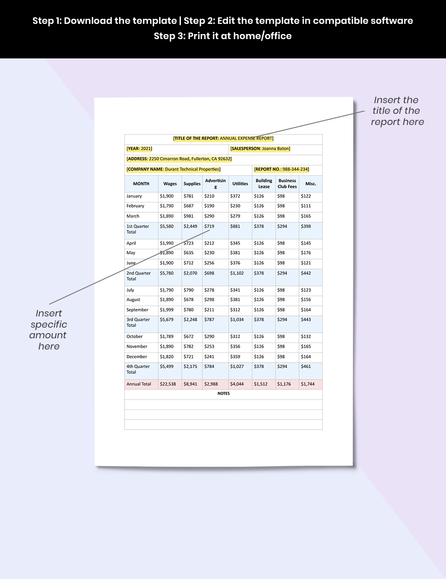 Yearly Expense Report Template