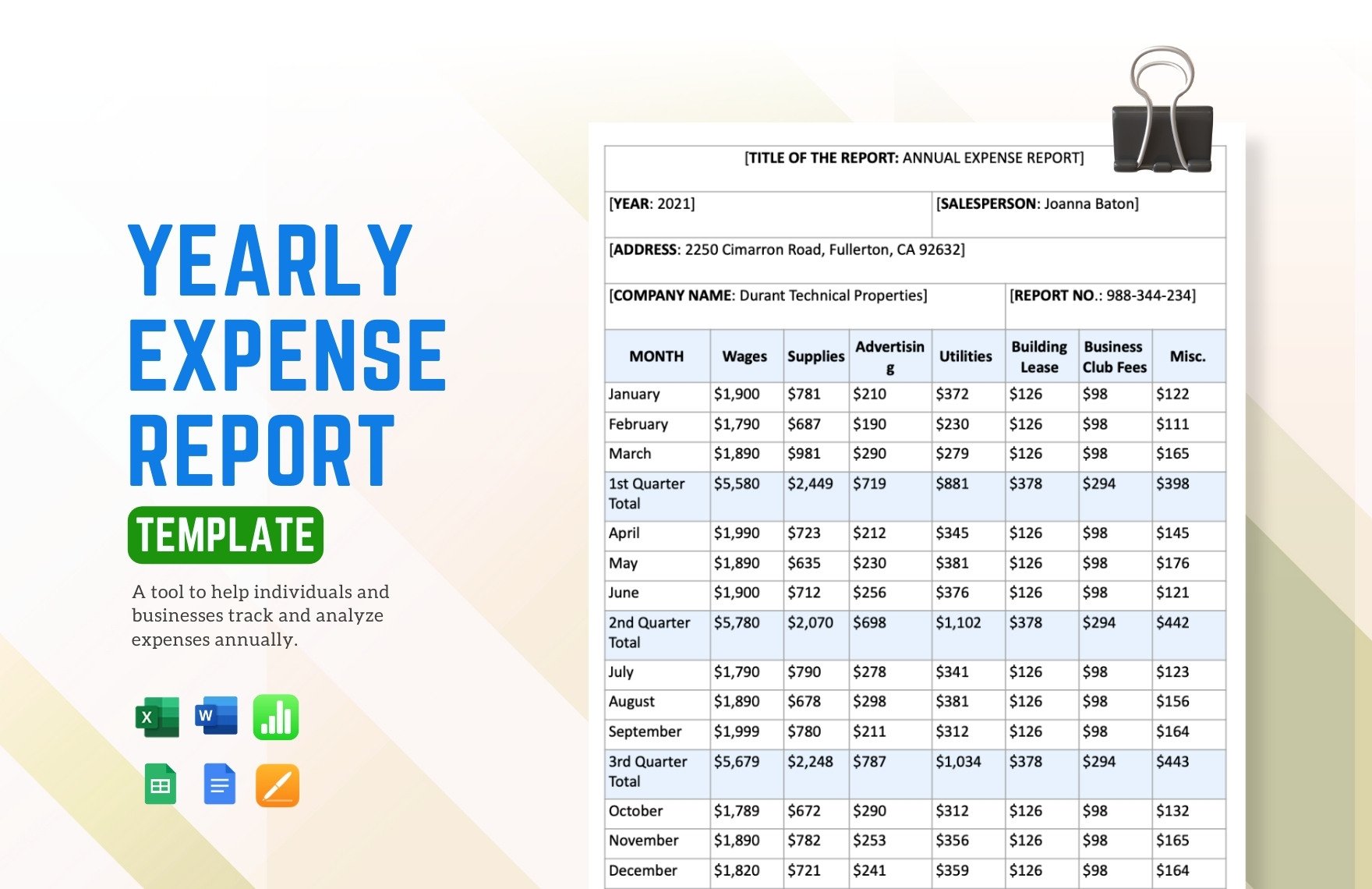 Free Yearly Expense Report Template in Word, Google Docs, Excel, Google Sheets, Apple Pages, Apple Numbers