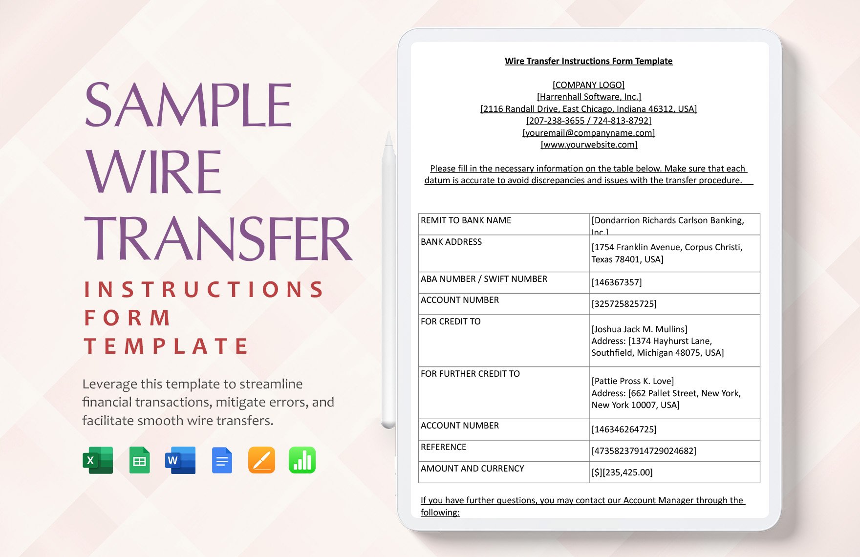 Sample Wire Transfer Instructions Form Template in Word, Google Docs, Excel, Google Sheets, Apple Pages, Apple Numbers