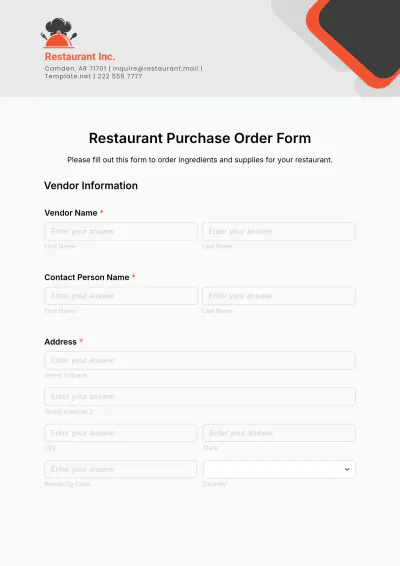 Free Restaurant Purchase Order Form Template to Edit Online