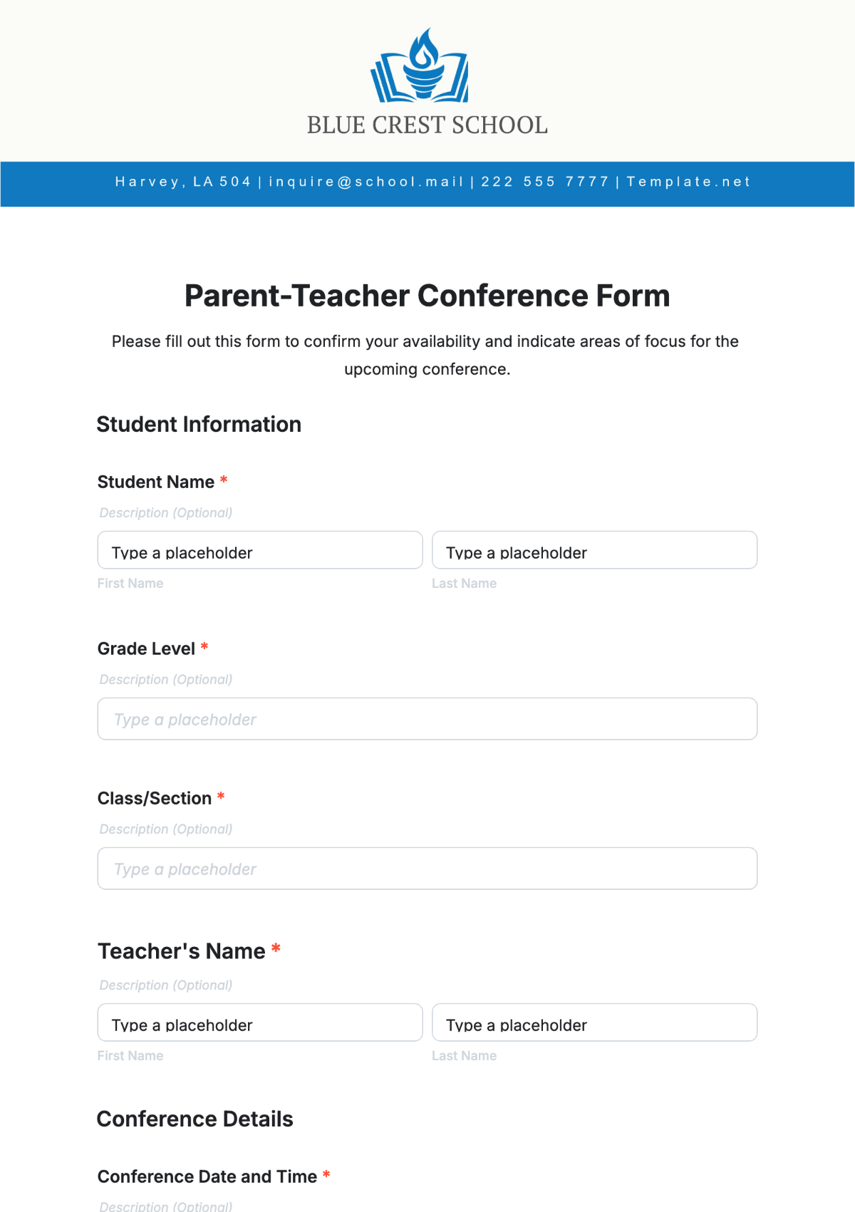 Parent-Teacher Conference Form Template - Edit Online & Download