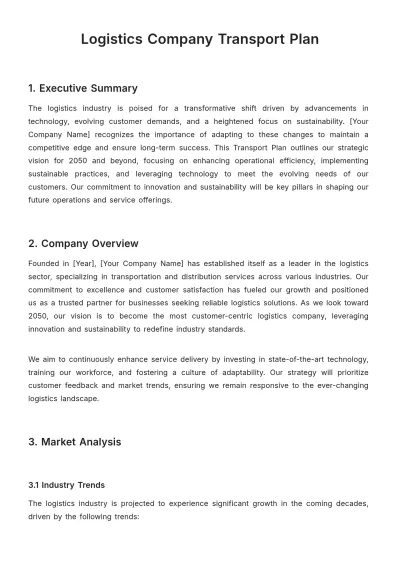 Free Logistics Company Transport Plan Template to Edit Online