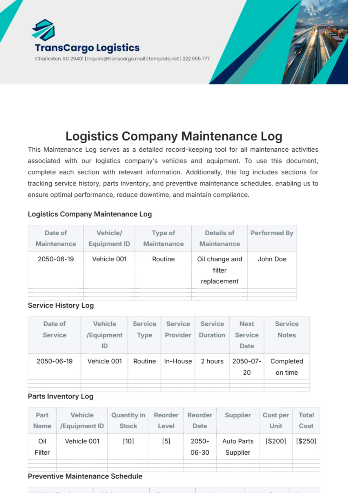 Logistics Company Maintenance Log Template - Edit Online & Download