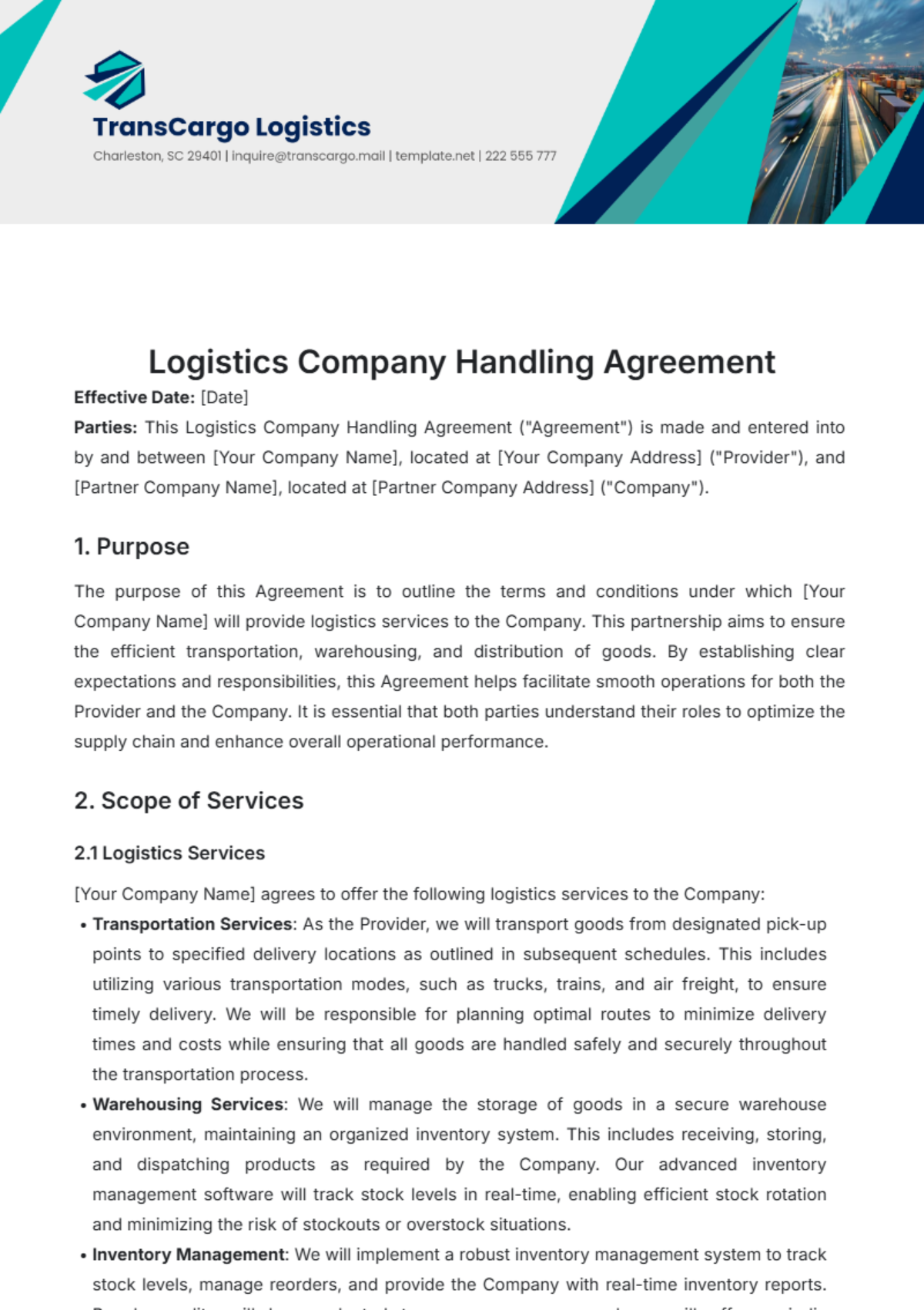 Logistics Company Handling Agreement Template - Edit Online & Download