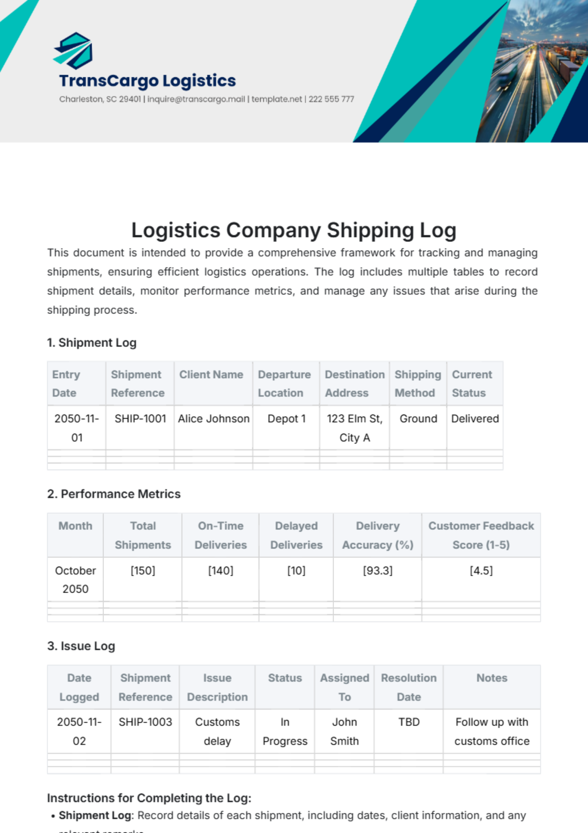 Logistics Company Shipping Log Template - Edit Online & Download