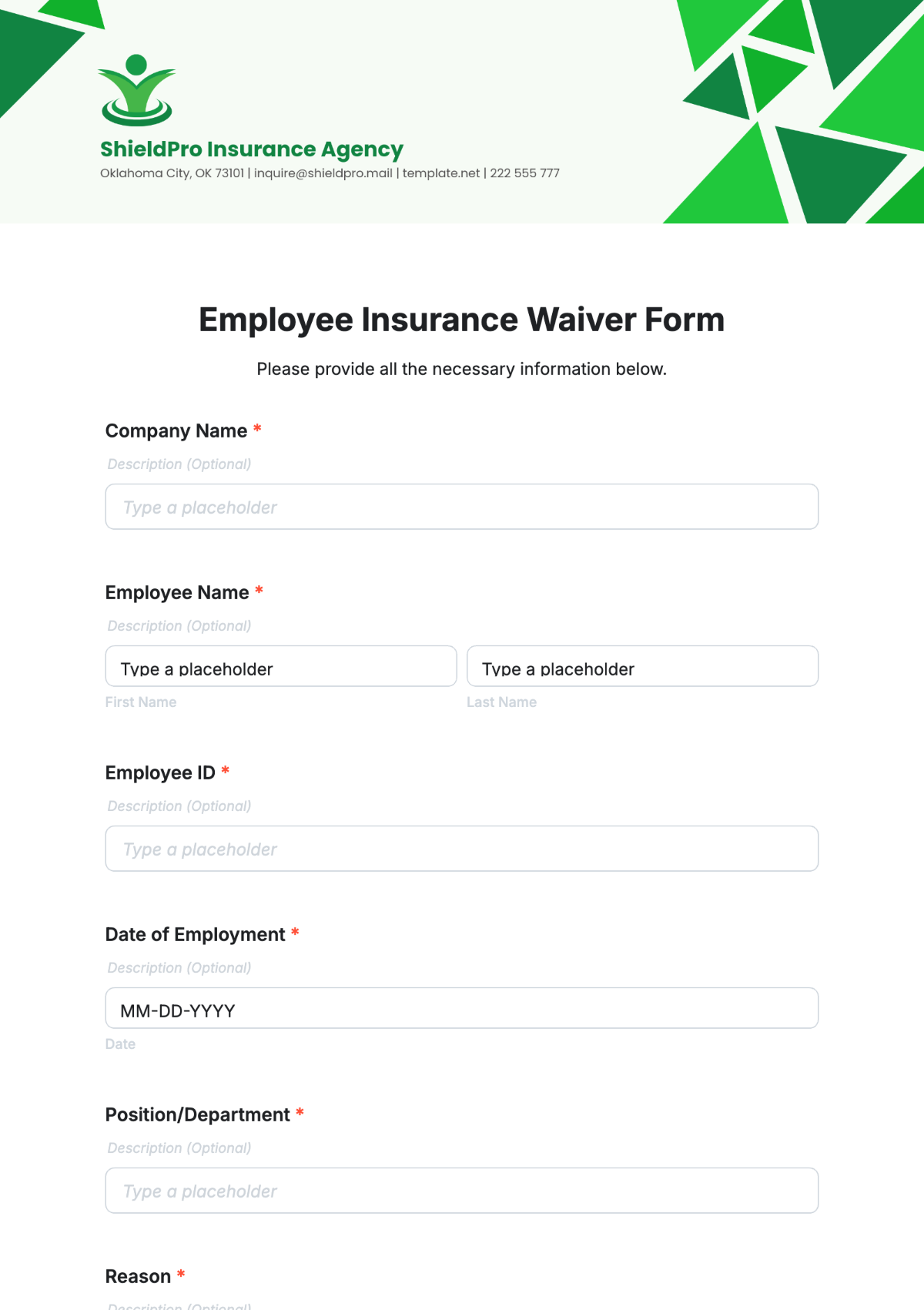 Employee Insurance Waiver Form Template - Edit Online & Download