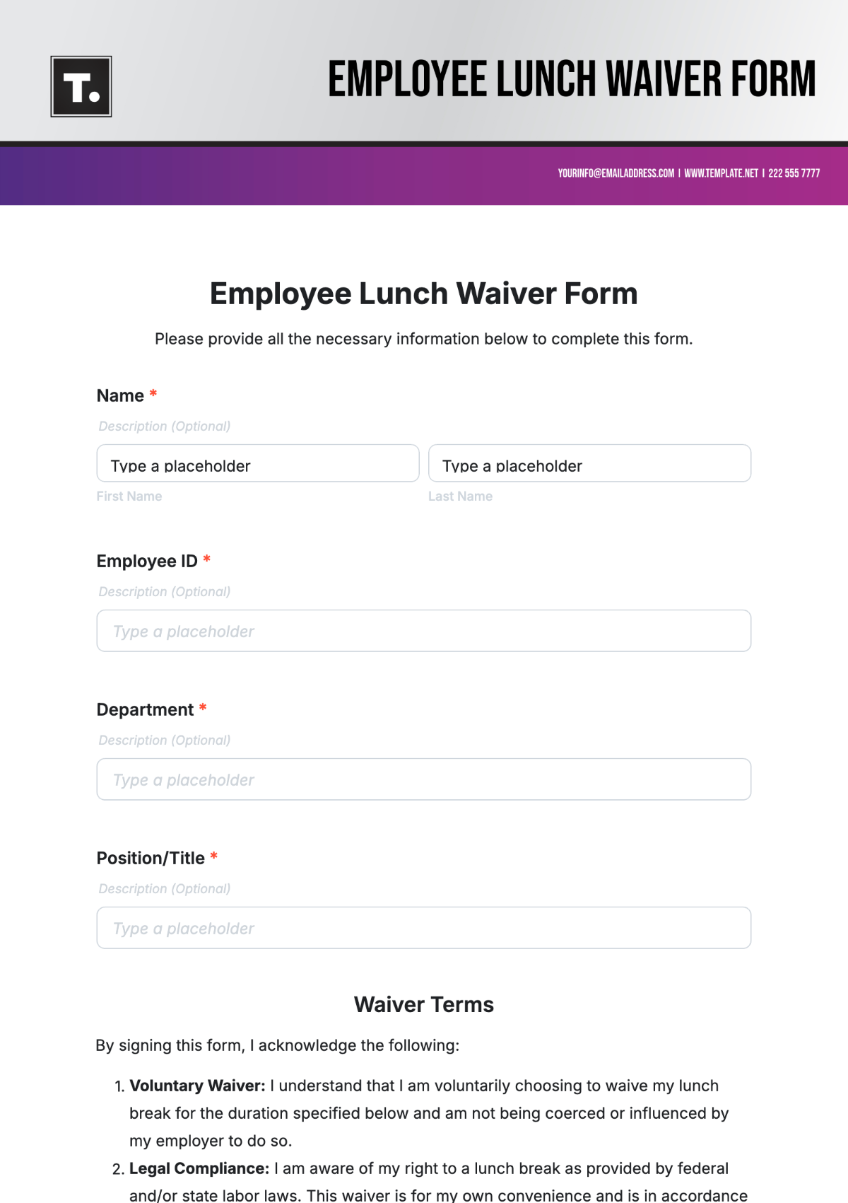 Employee Lunch Waiver Form Template - Edit Online & Download