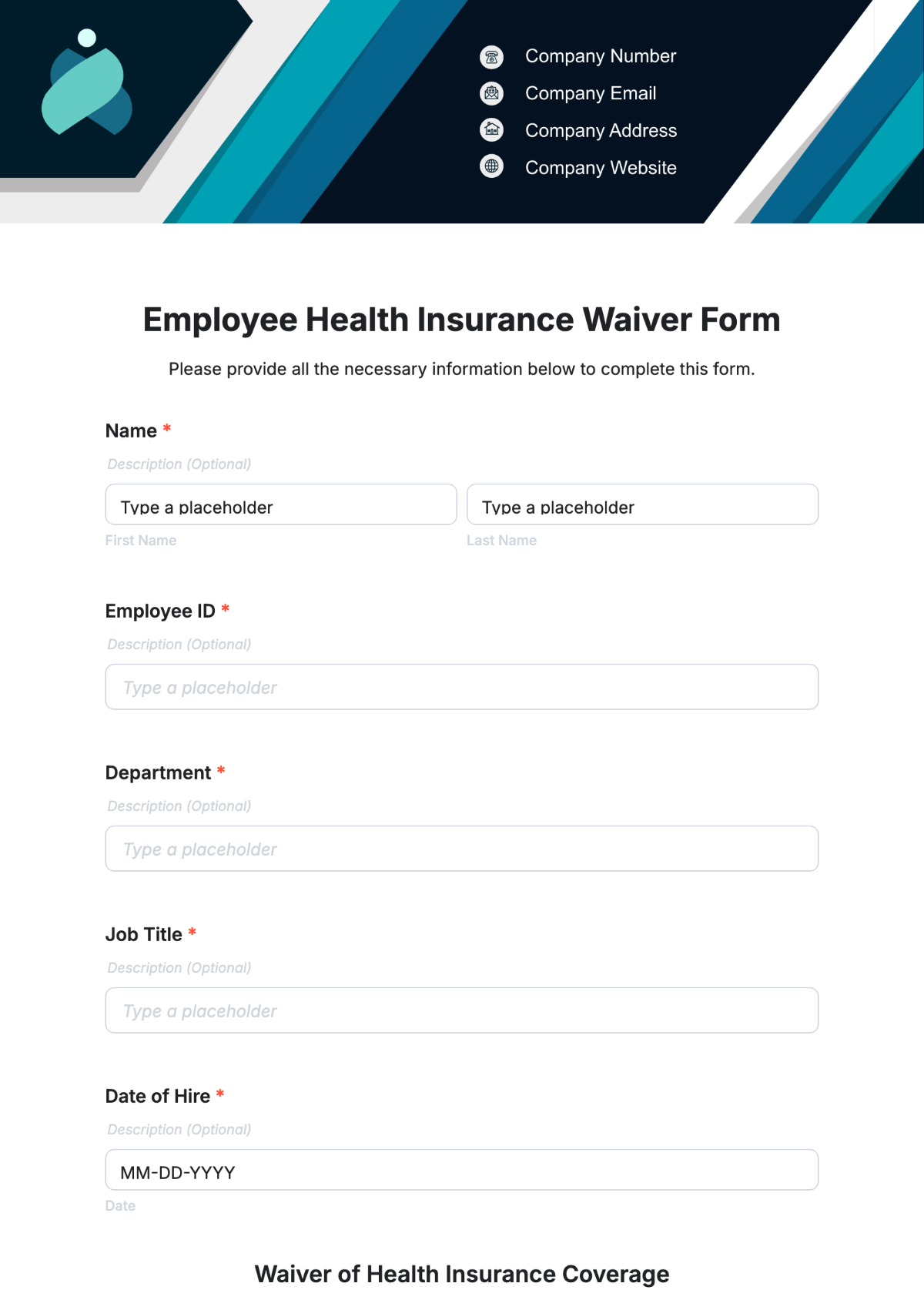 Employee Health Insurance Waiver Form Template - Edit Online & Download