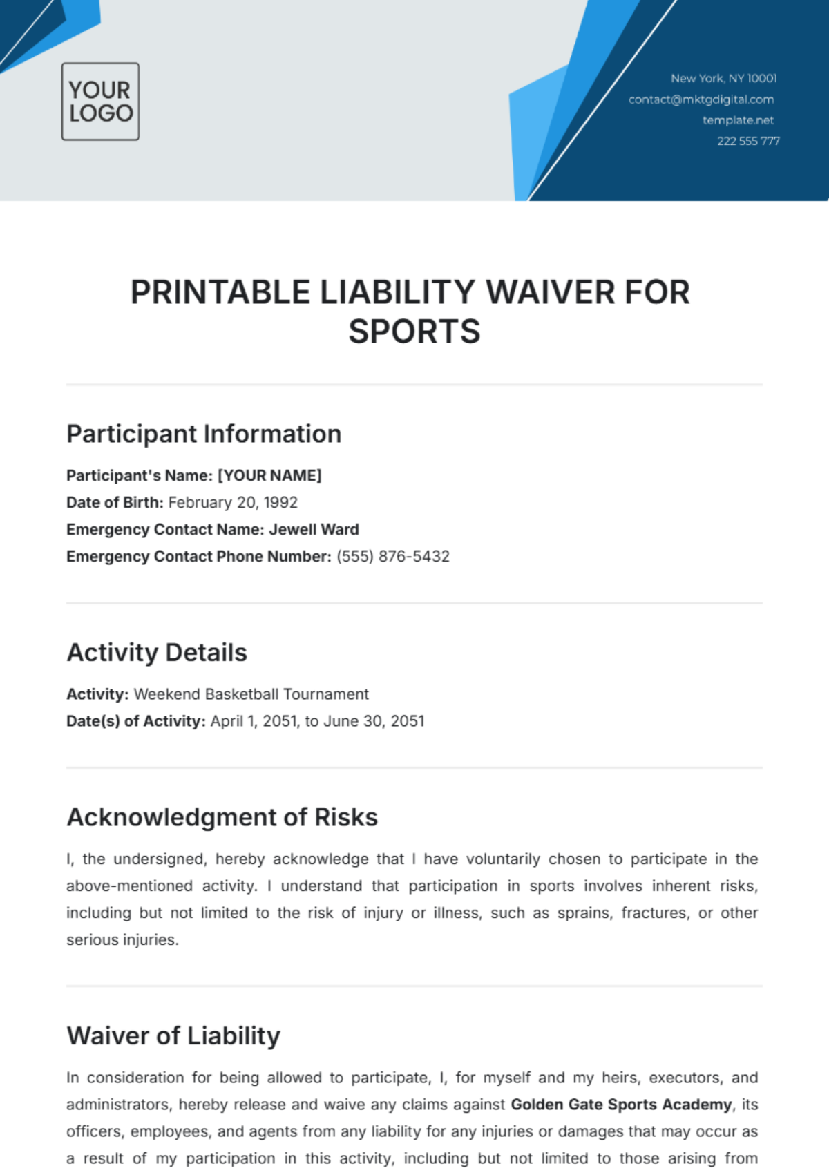 Free Printable Liability Waiver for Sports Template