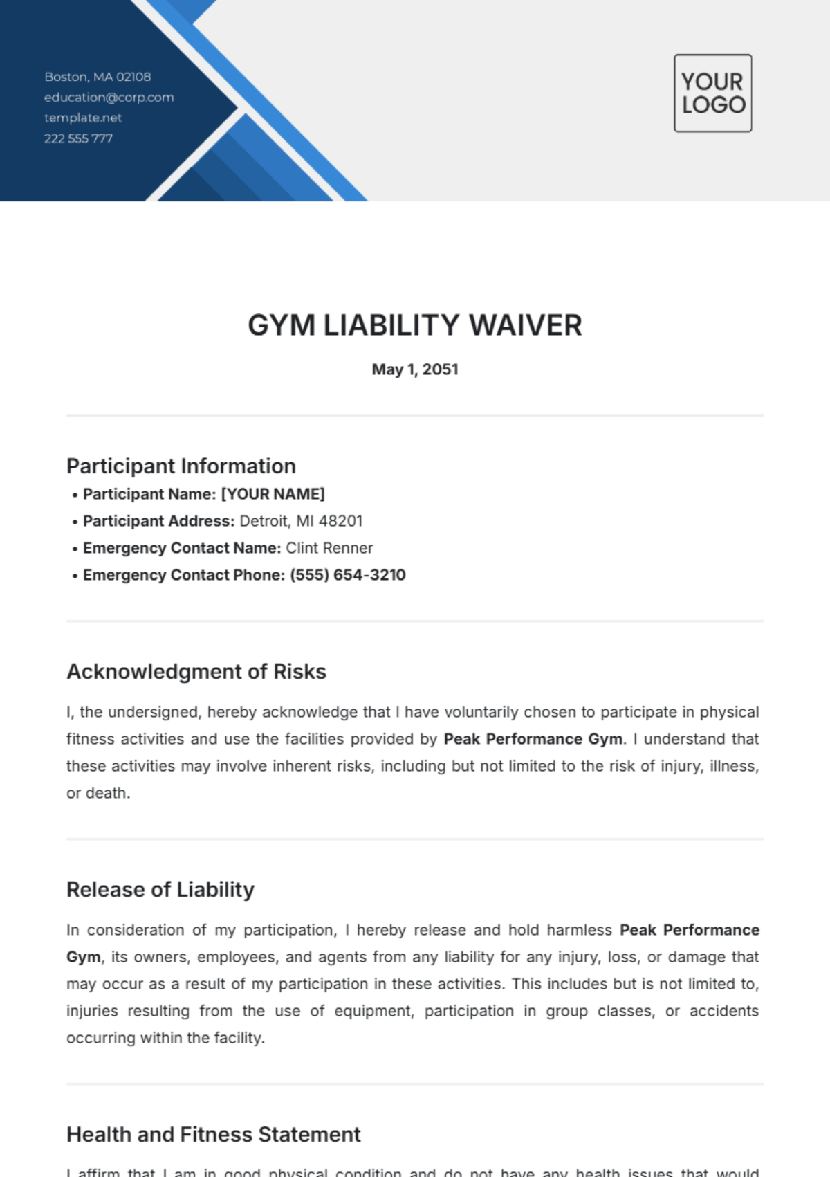 Free Gym Liability Waiver Template