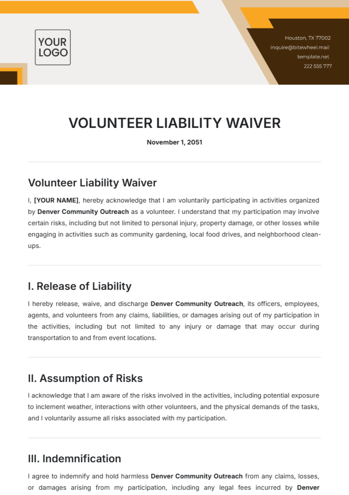 Free Volunteer Liability Waiver Template