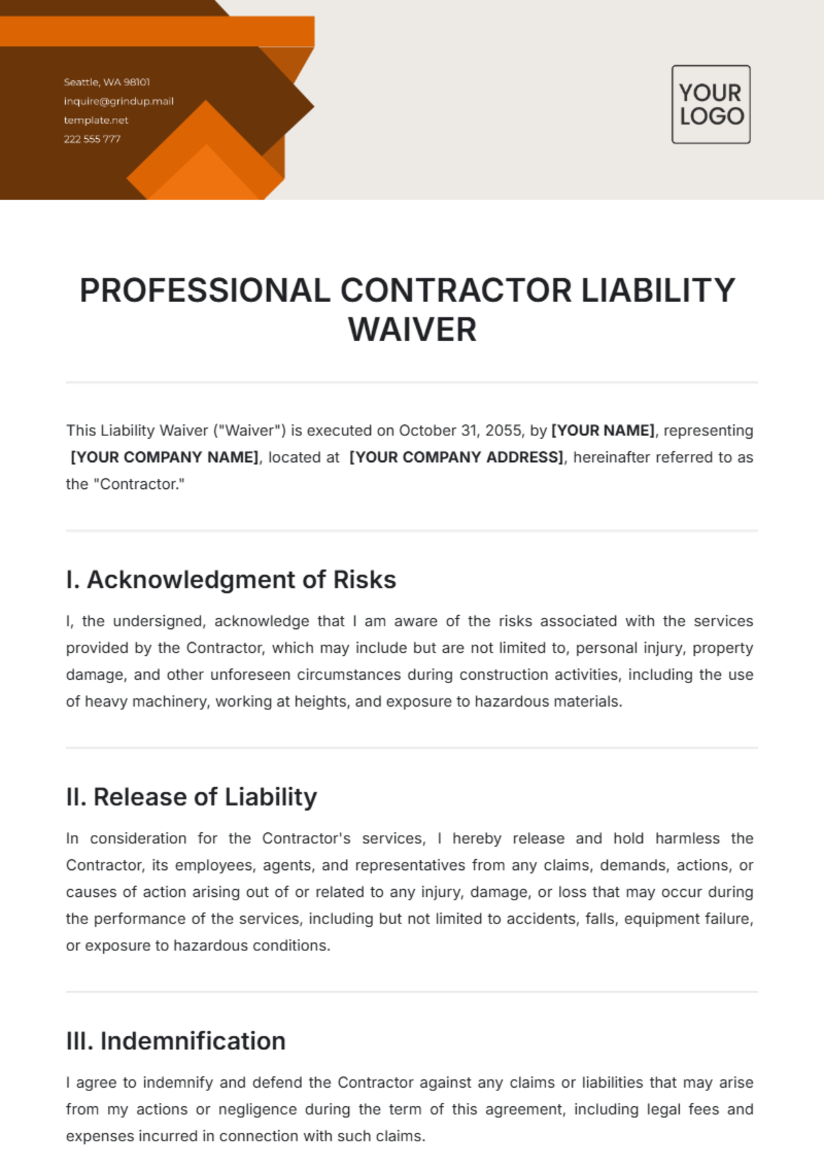 Free Professional Contractor Liability Waiver Template