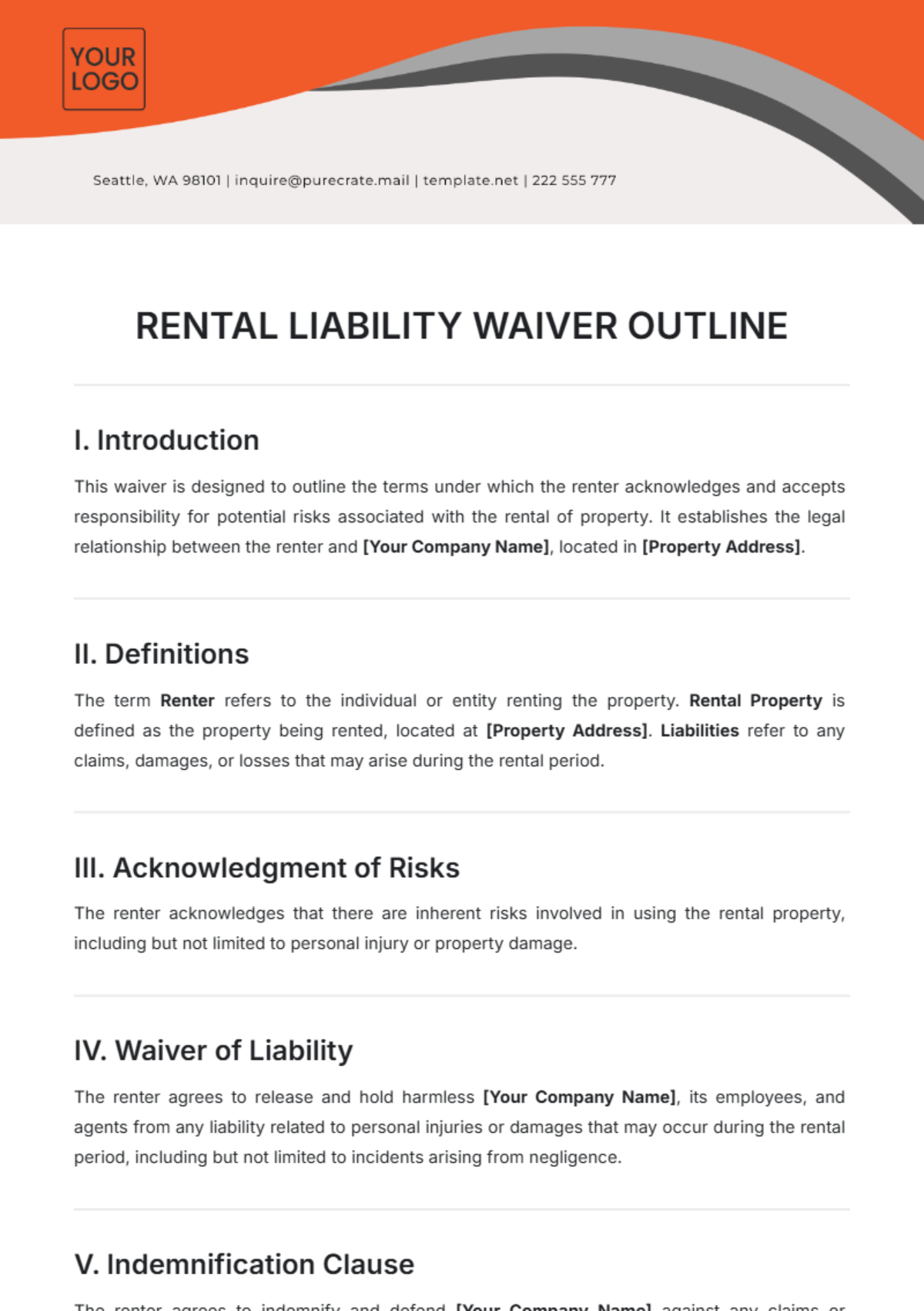 Free Rental Liability Waiver Outline Template