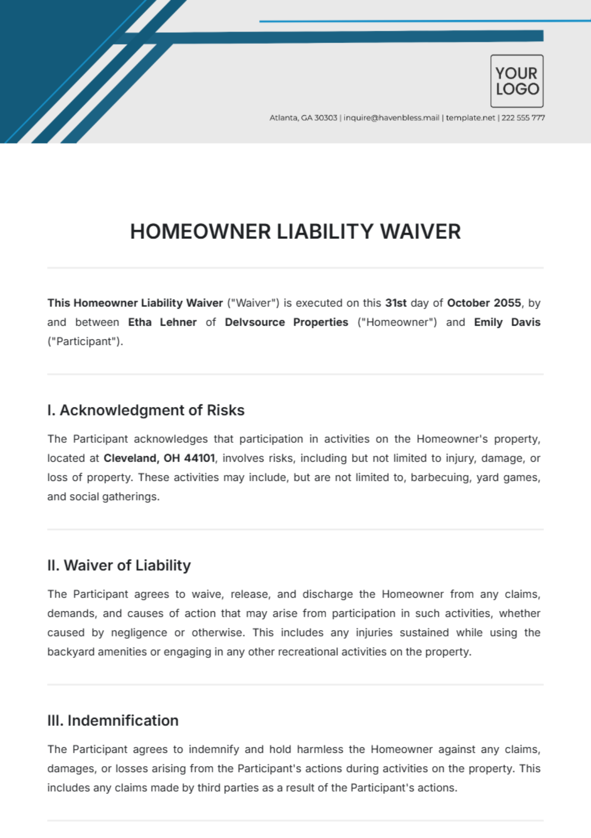 Homeowner Liability Waiver Template - Edit Online & Download