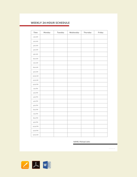 24 Hour Work Schedule Template Google Docs Word Apple Pages PDF 