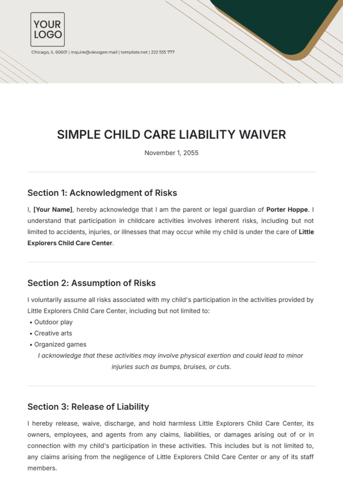 Free Simple Child Care Liability Waiver Template