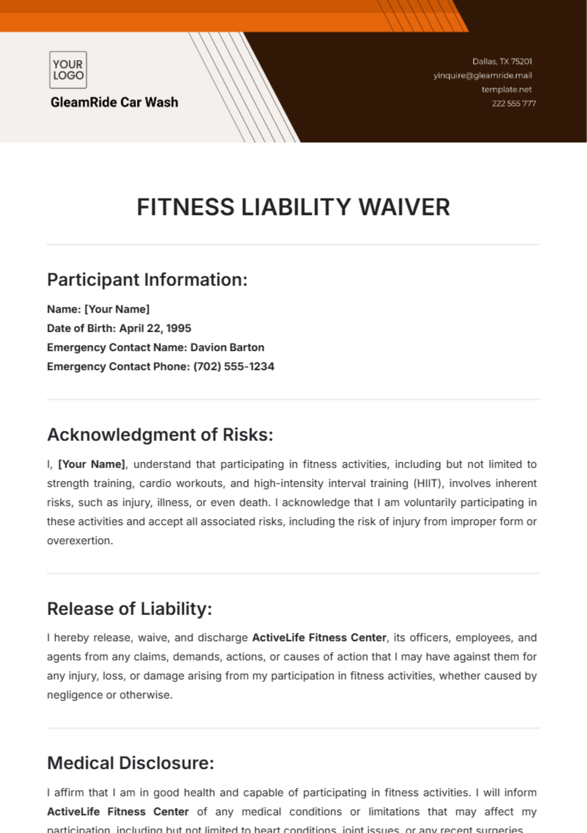 Free Fitness Liability Waiver Template