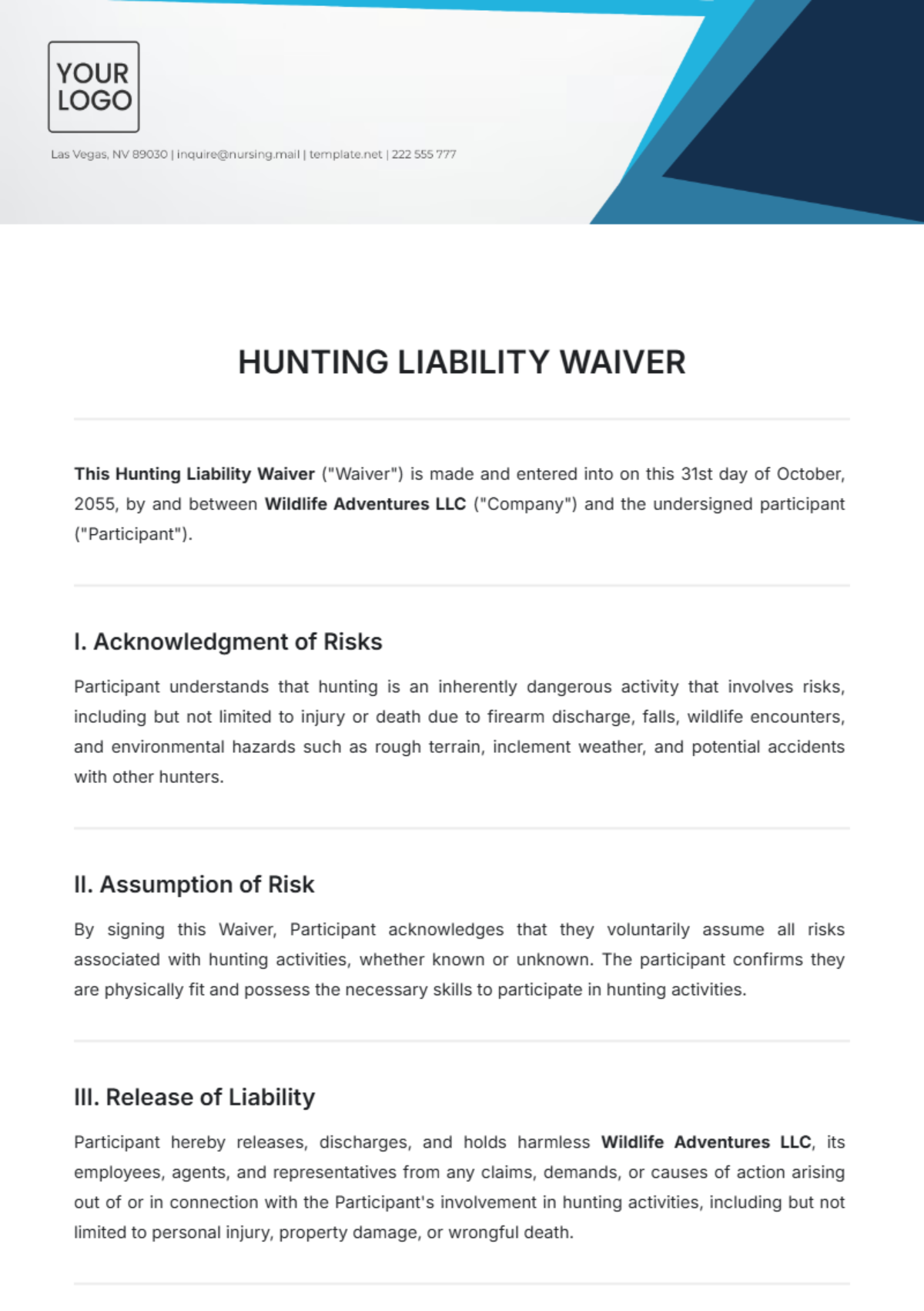 Hunting Liability Waiver Template - Edit Online & Download