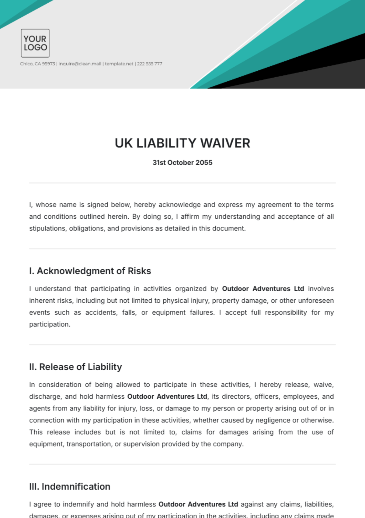 UK Liability Waiver Template - Edit Online & Download