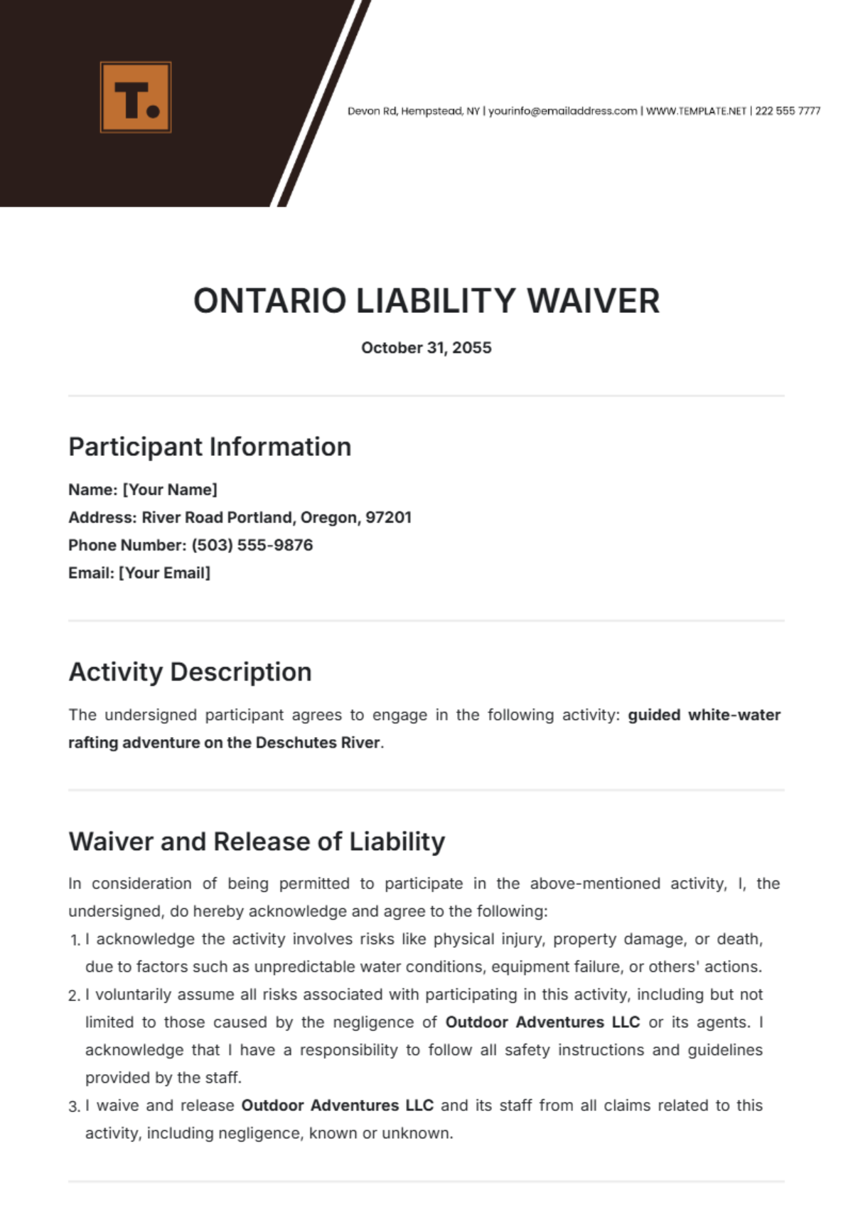 Free Ontario Liability Waiver Template