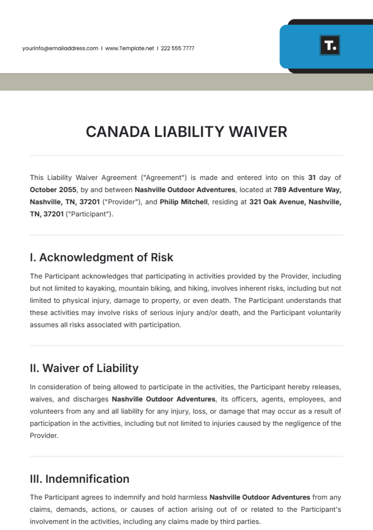 Free Canada Liability Waiver Template