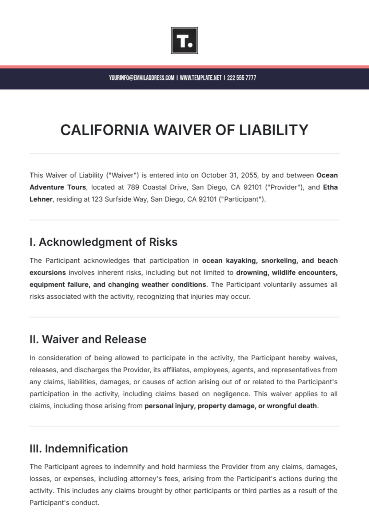 Free California Waiver of Liability Template