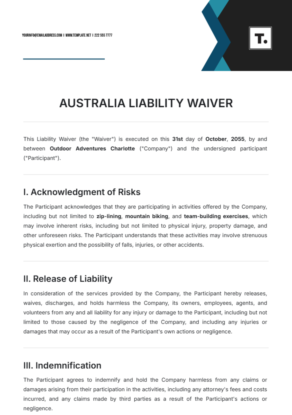 Free Australia Liability Waiver Template