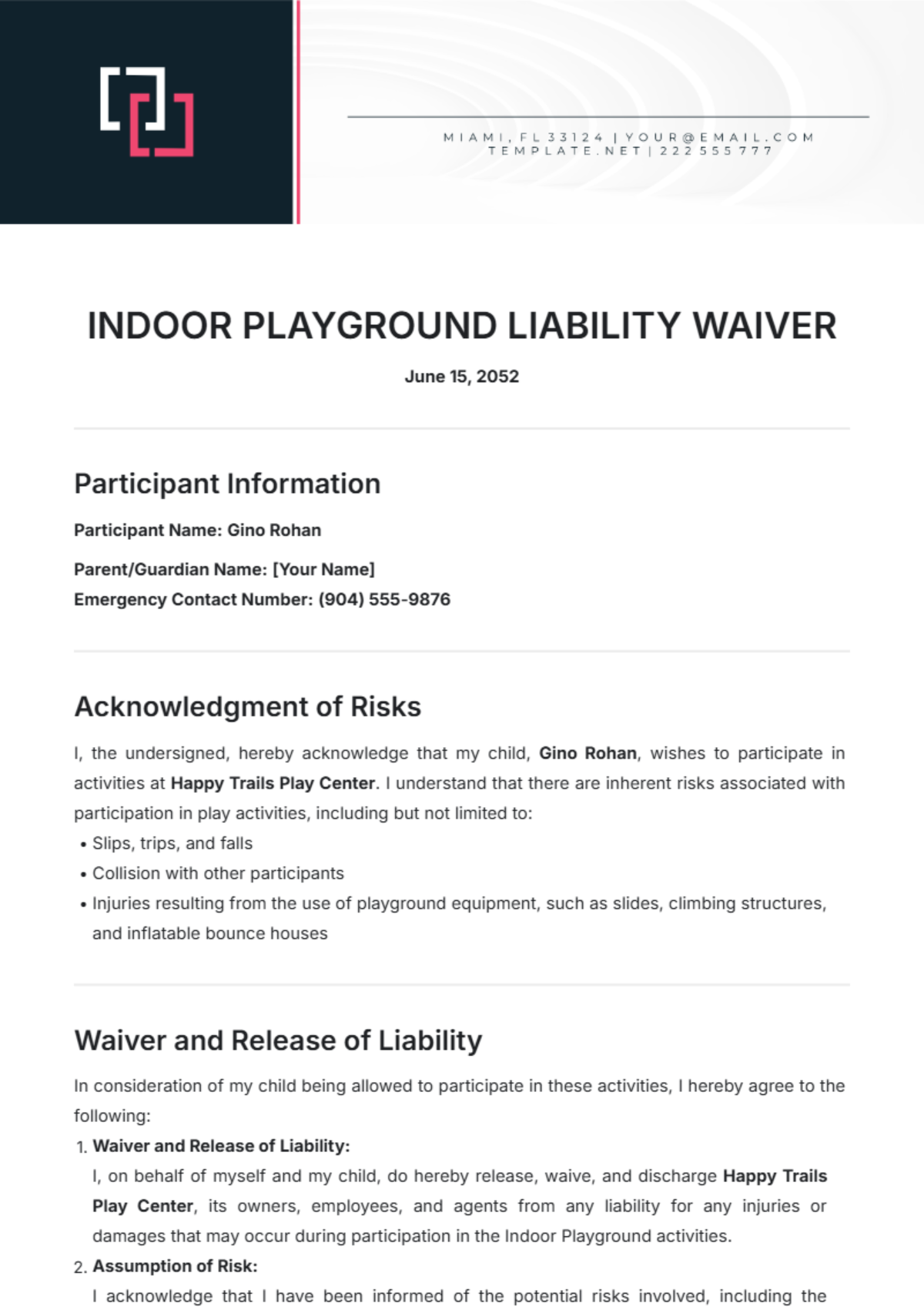 Indoor Playground Liability Waiver Template - Edit Online & Download