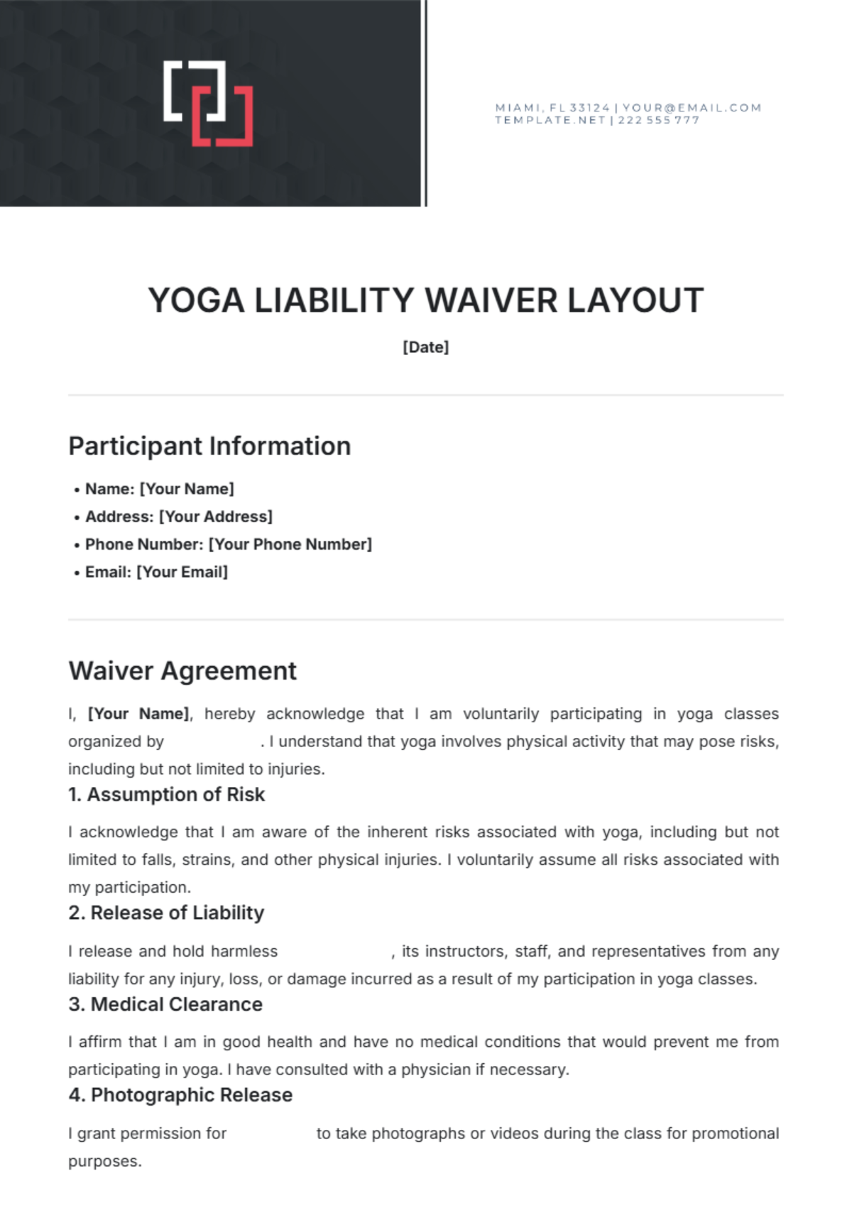 Yoga Liability Waiver Layout Template - Edit Online & Download