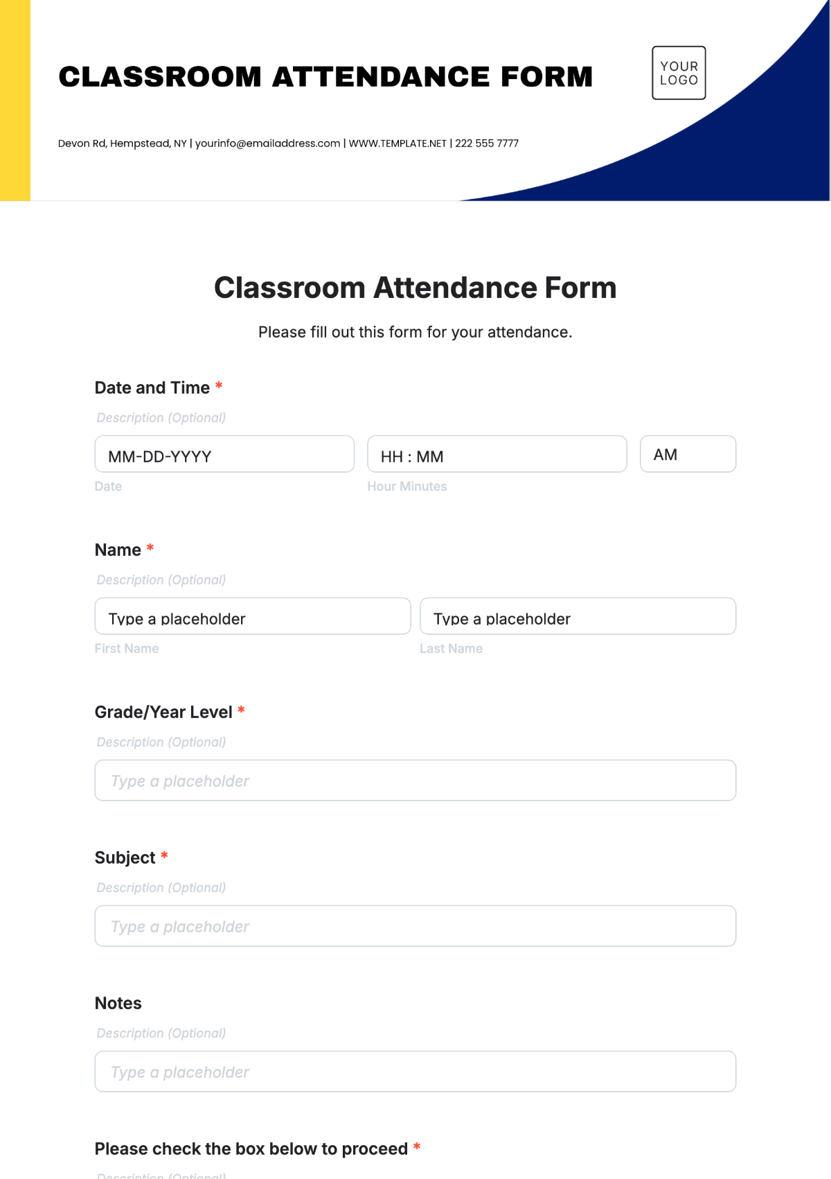 Classroom Attendance Form Template - Edit Online & Download