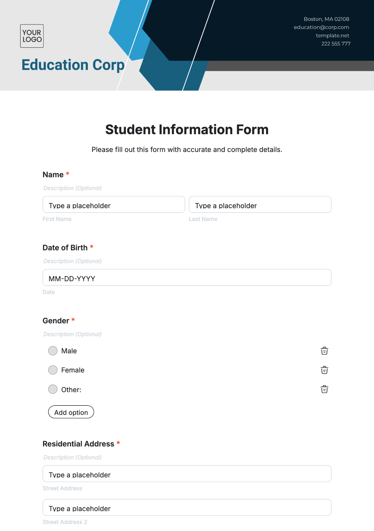 Student Information Form Template - Edit Online & Download