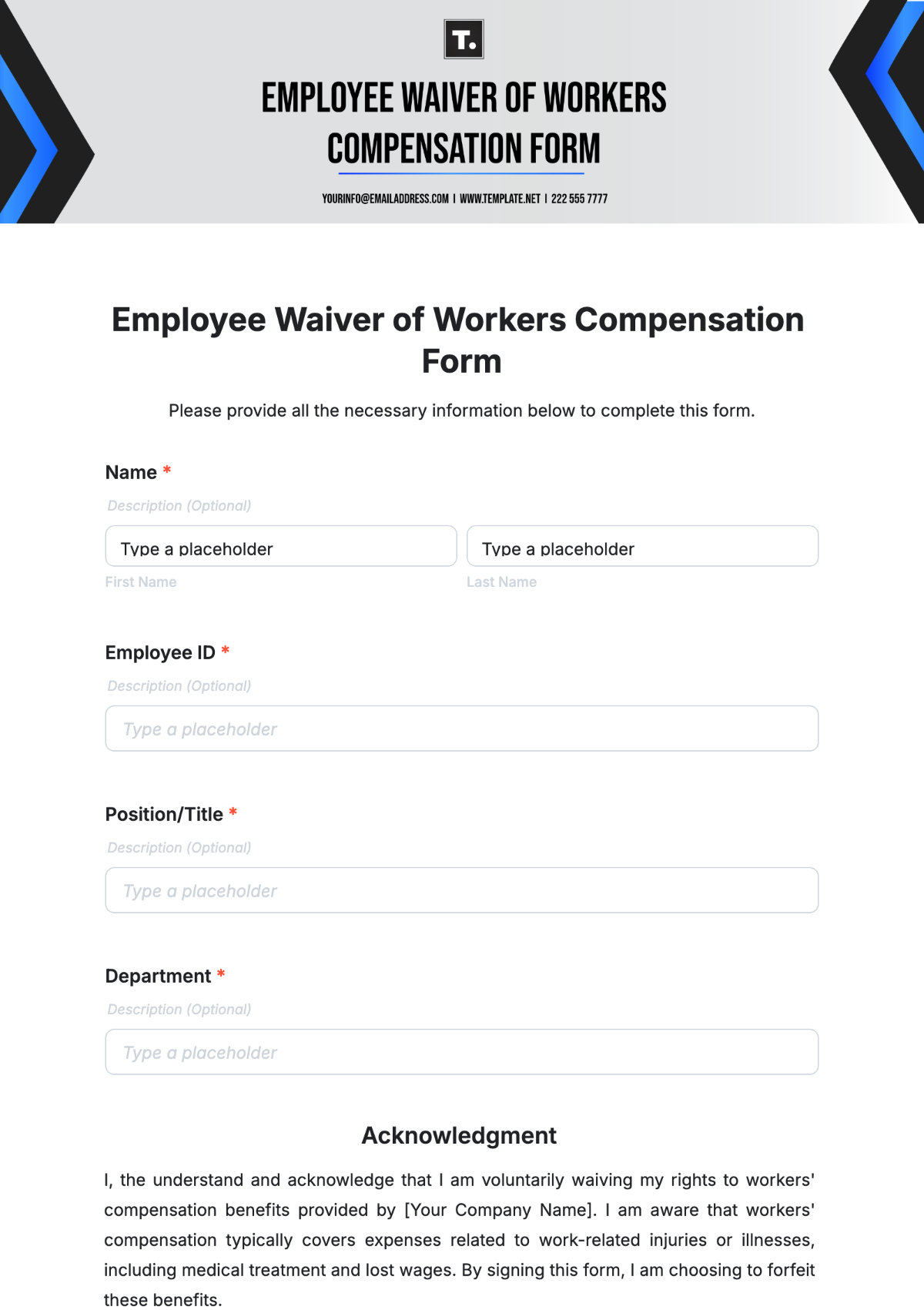 Employee Waiver of Workers Compensation Form Template - Edit Online & Download