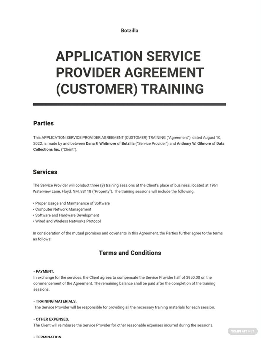 Application Service Provider Agreement (Customer) Training Template