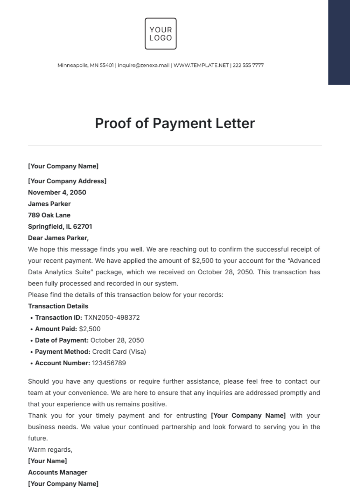 Proof of Payment Letter Template - Edit Online & Download