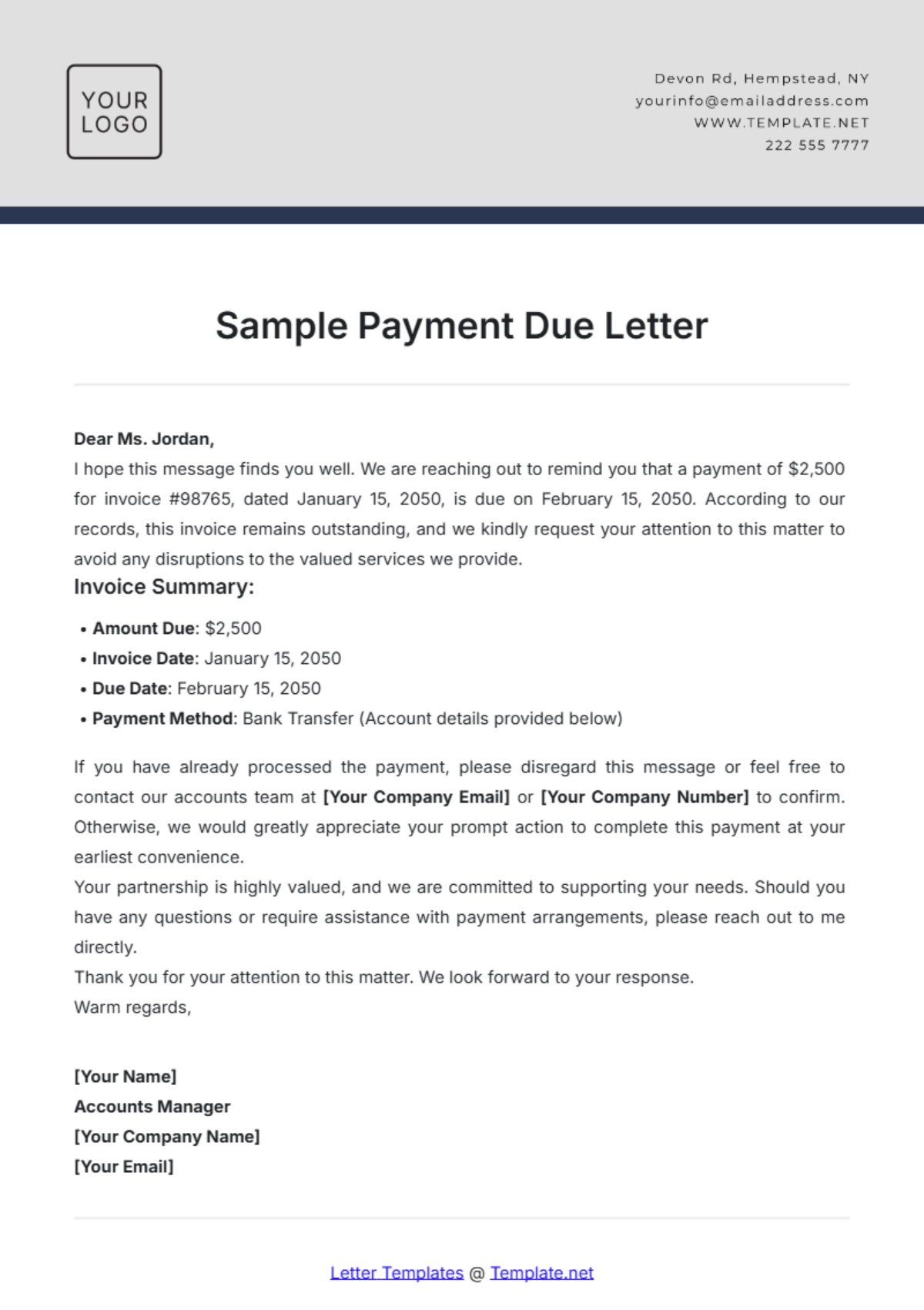 Sample Payment Due Letter Template - Edit Online & Download