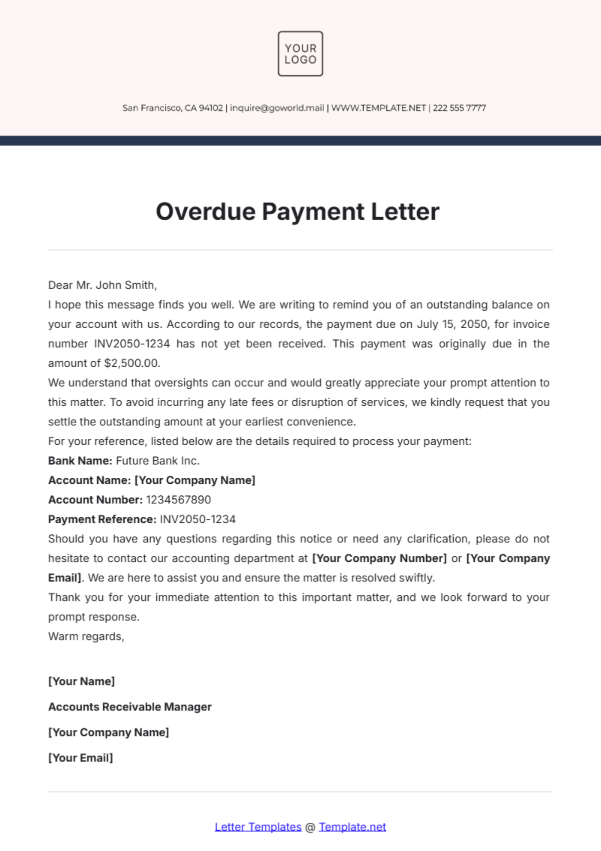 Overdue Payment Letter Template - Edit Online & Download