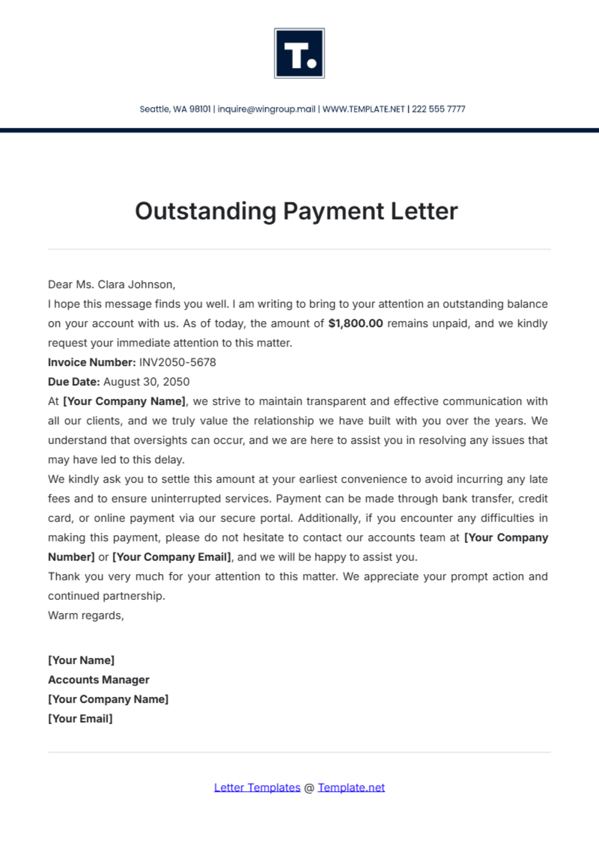 Outstanding Payment Letter Template - Edit Online & Download