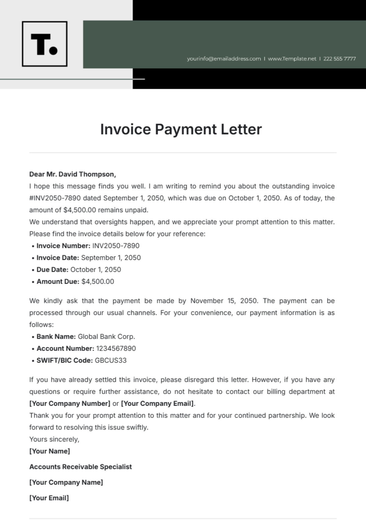 Invoice Payment Letter Template - Edit Online & Download