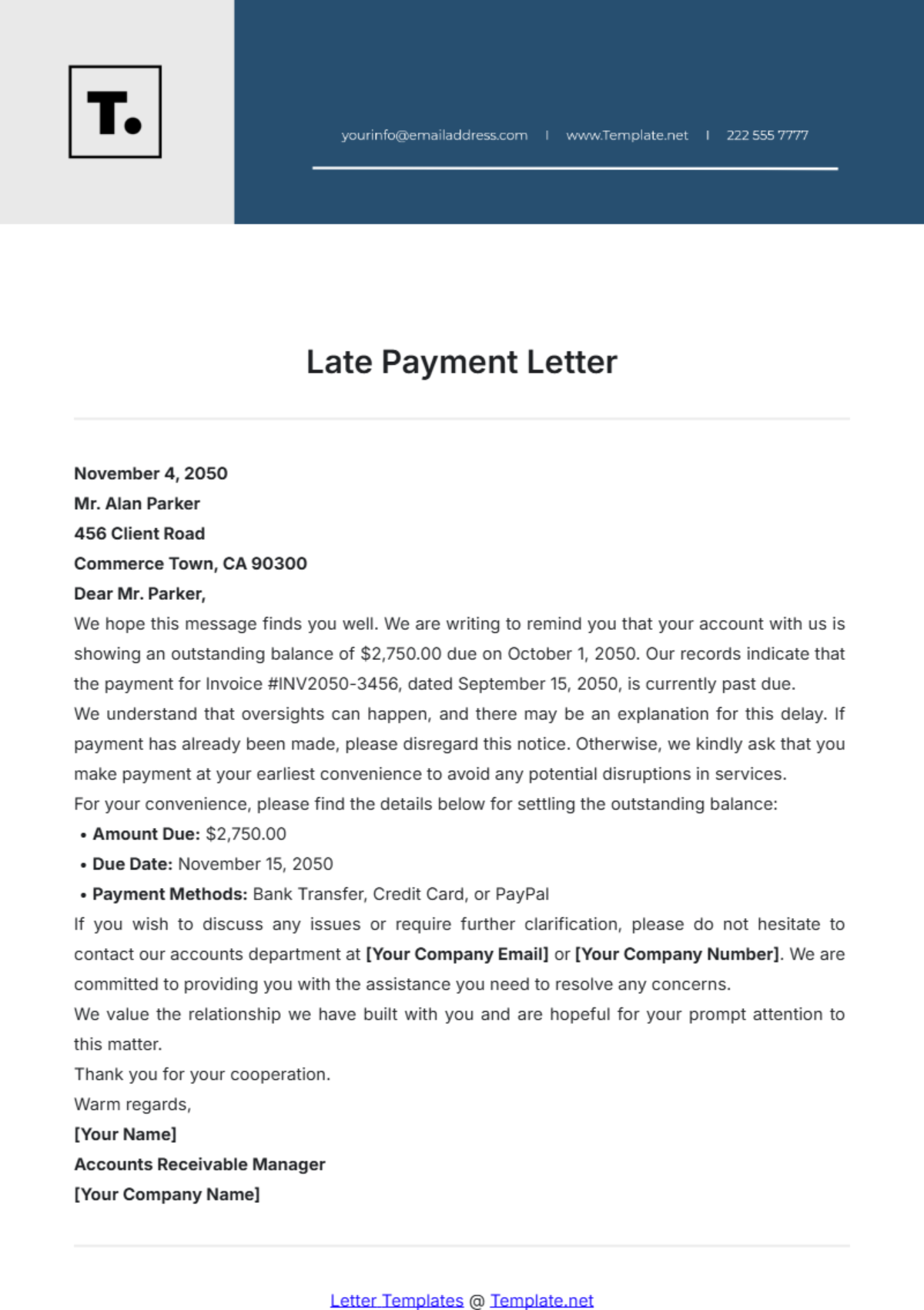 Late Payment Letter Template - Edit Online & Download