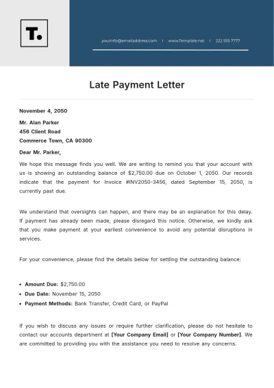 Free Late Payment Letter Template to Edit Online