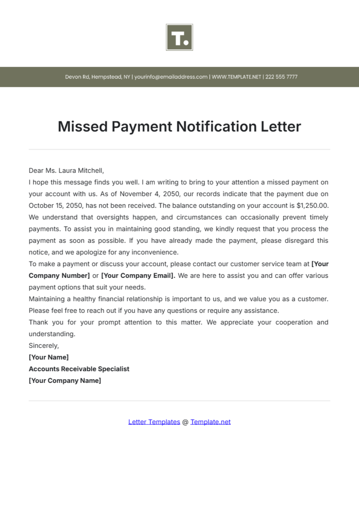 Missed Payment Notification Letter Template - Edit Online & Download