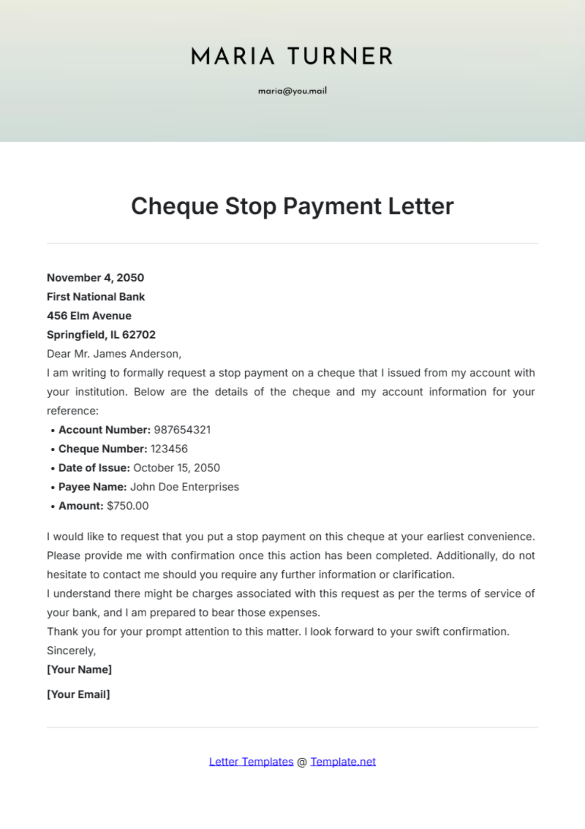 Cheque Stop Payment Letter Template - Edit Online & Download